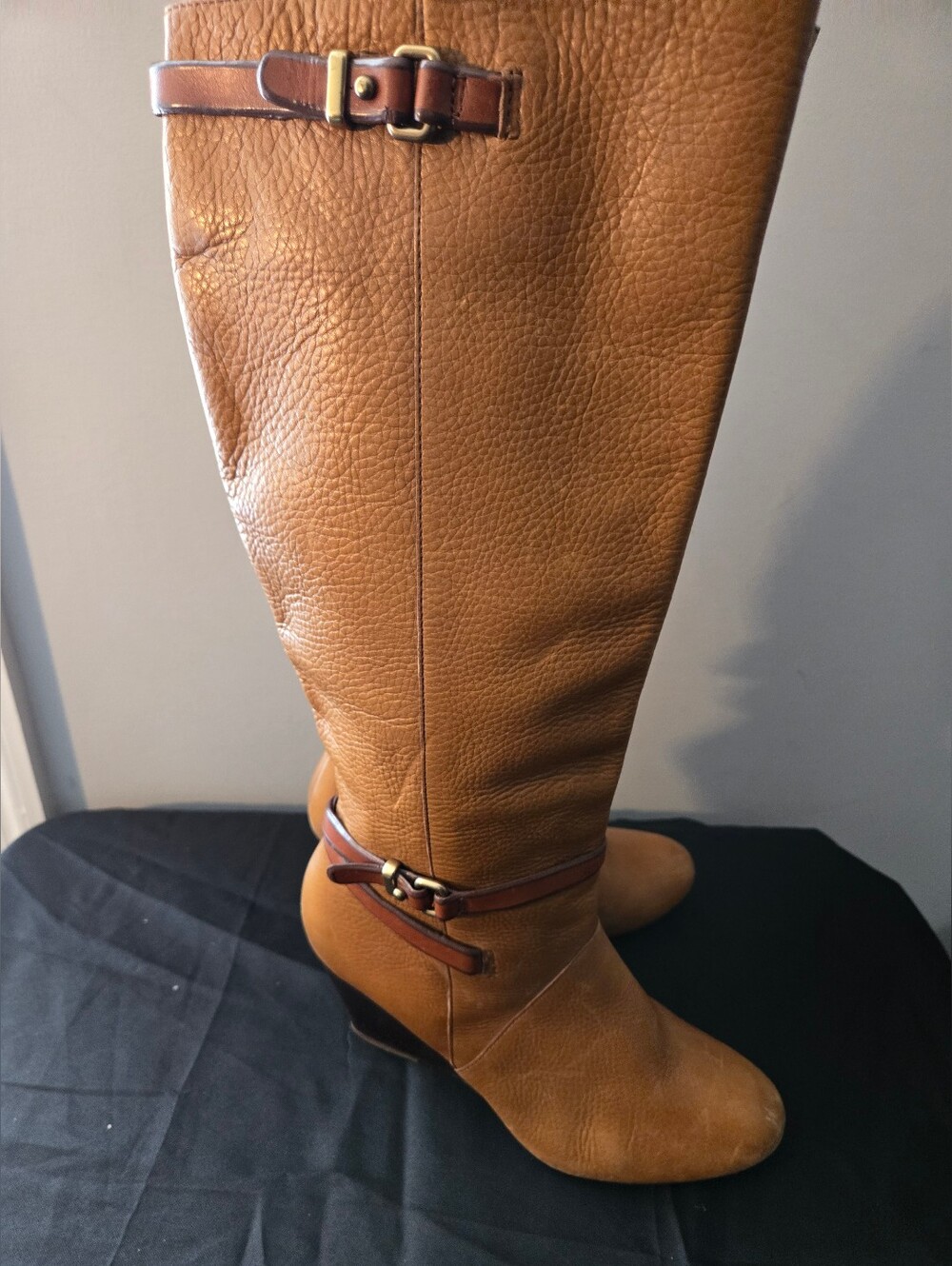 Coach Della Tall Wedge Knee High Boots Cognac Pebbled Leather Women's Size 9B